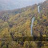 Carretera de montaña de Lugo seperteando entre un hermoso y colorido bosque otoñal y una espesa niebla